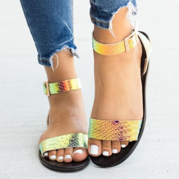 Metallic Sandals Iridescent Snake Skin Pattern Sandals - Picture 2 of 5